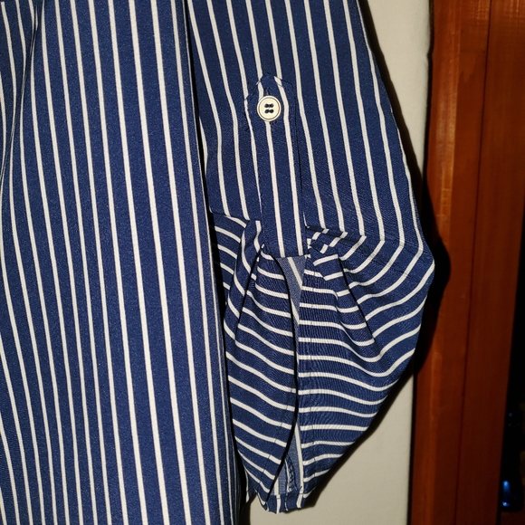 Notations Woman Roll Tab Sleeve Striped Button Down, Size: 1X, Navy & White - Picture 4 of 12